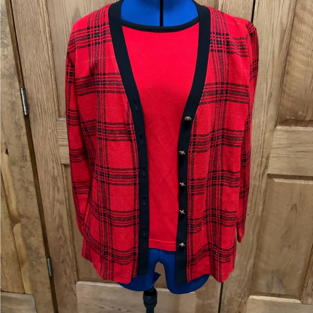 Vintage Ecco Petites Red Plaid Open-Front Women’s Cardigan Sweater
